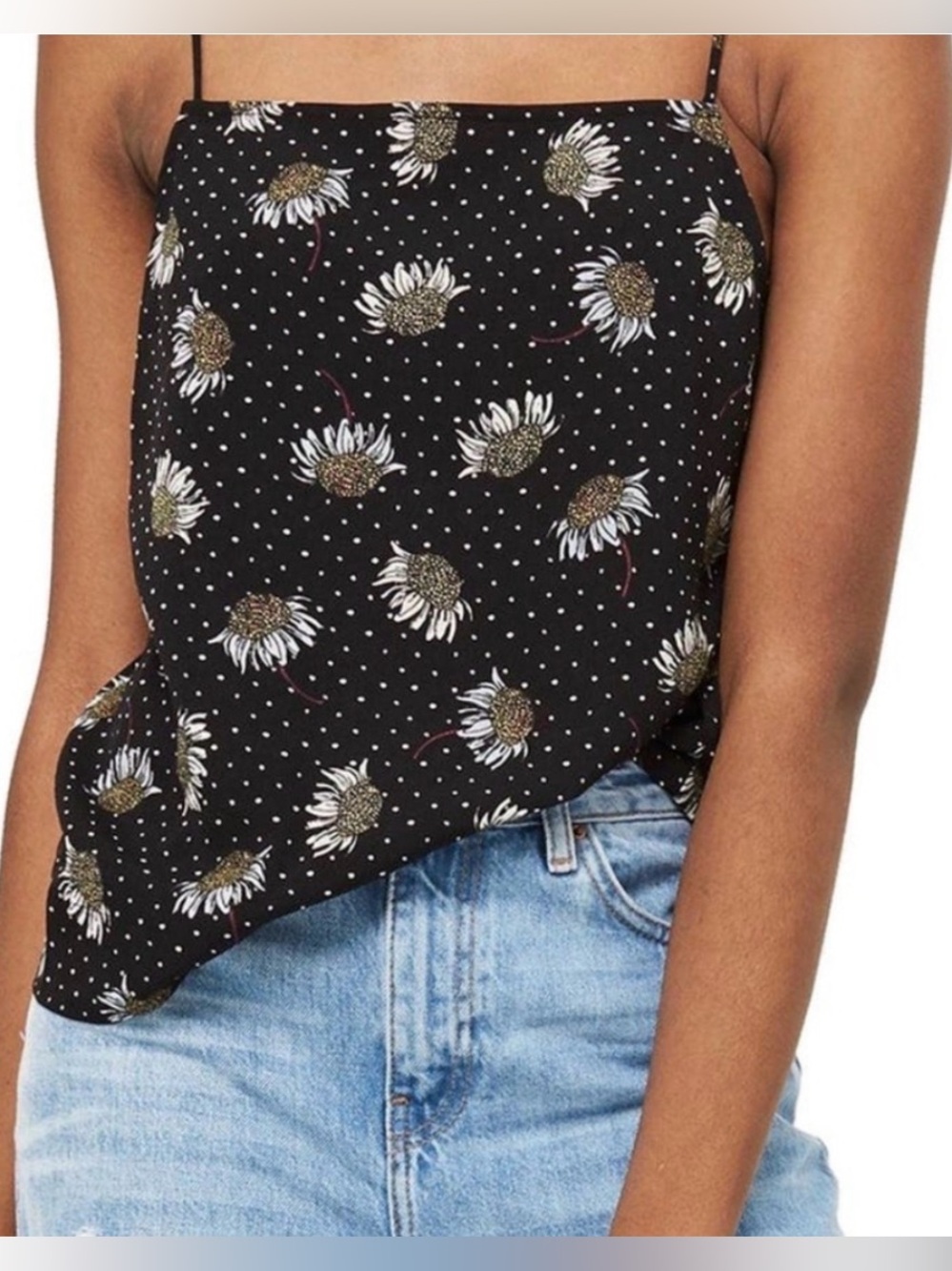 Topshop Black Daisy Polka Dot Square Neck Cami Tank Top US 2